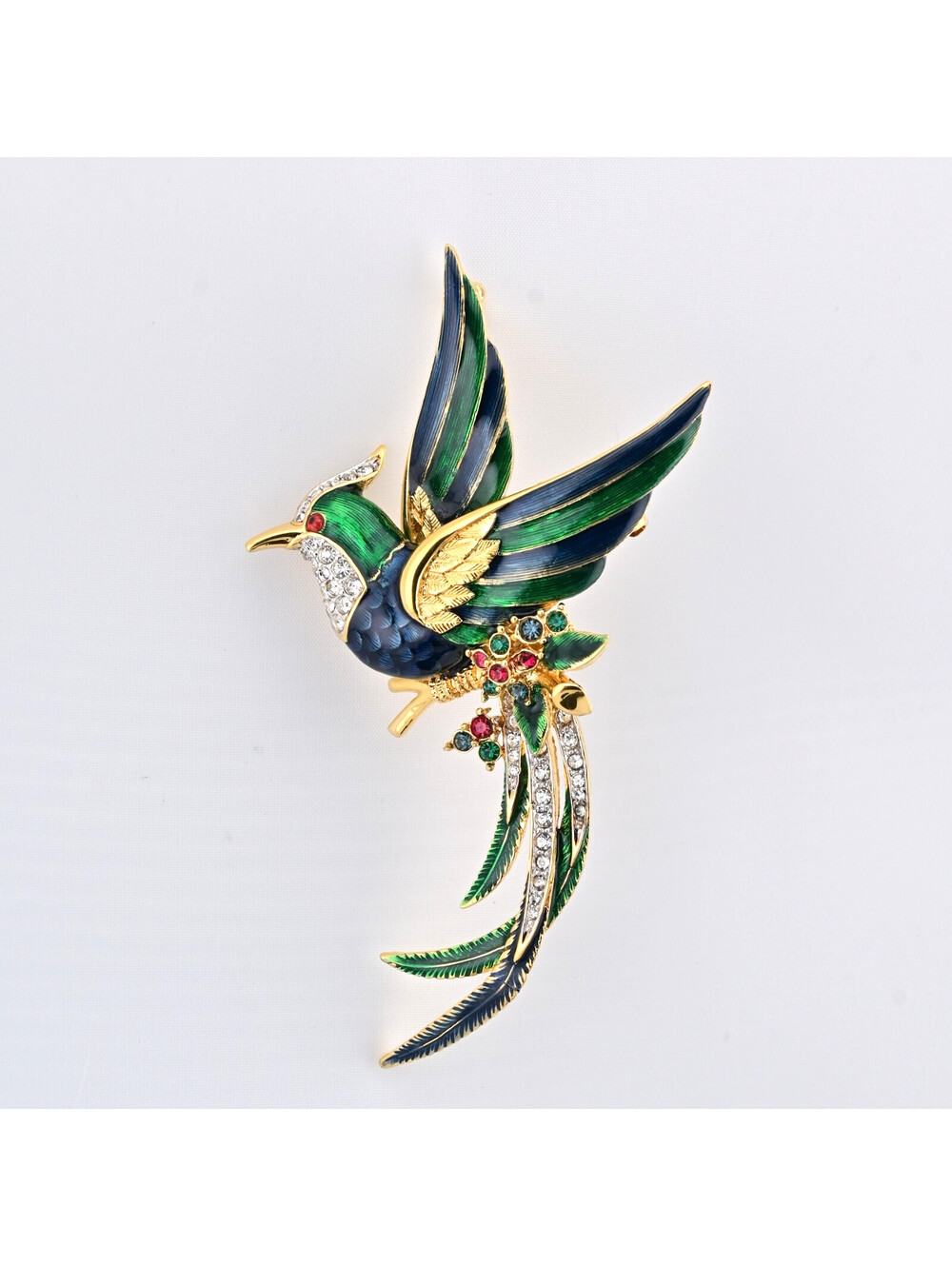Vintage Bird Of Paradise Enamel Crystal Gold Tone Blue Green Brooch Runway